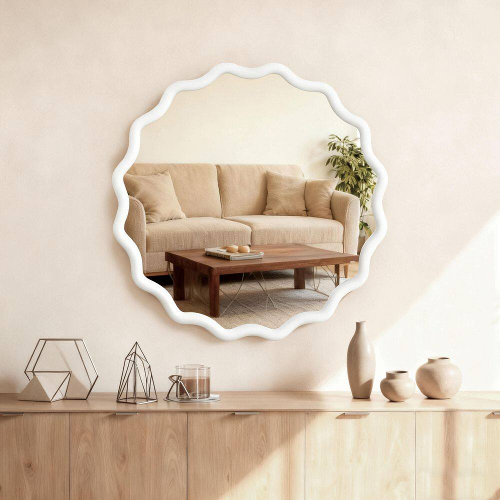 30 in. W x 30 in. H Wavy Round Solid Wood Framed Bathroom Mirror Wall Mirror in White price history on PriceWatchPro