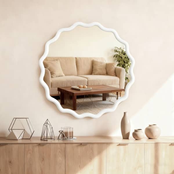30 in. W x 30 in. H Wavy Round Solid Wood Framed Bathroom Mirror Wall Mirror in White