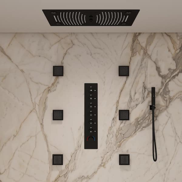 Bluetooth Music and LED Mood Lighting 6-Spray 28 in. x 16 in. Ceiling Mount Dual and Hand Shower 2.5 GPM in Matte Black