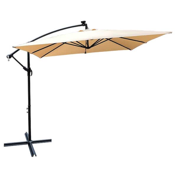 Sudzendf 8 ft. Umbrella Solar Powered LED Lighted Sun Shade Market Waterproof 8 Ribs Umbrella with Crank and Cross Base in Tan