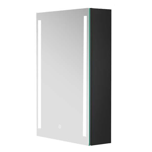 Unbranded 30 in. W x 20 in. H Rectangular Black Surface Mount Lighted Aluminum Medicine Cabinet with Mirror Left Open