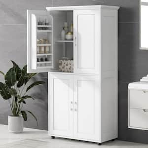 White Wood Bathroom Floor Storage Cabinet with 4-Doors and Adjustable Shelves
