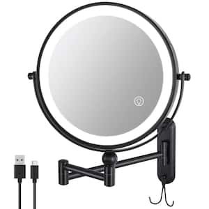8 in. W x 8 in. H LED Folding Wall Mounted Bathroom Makeup Mirror with Lighting Adjustment, 1X/10X Magnification-Black