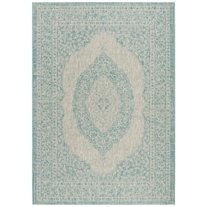 Courtyard Light Gray/Aqua 7 ft. x 10 ft. Border Indoor/Outdoor Patio  Area Rug