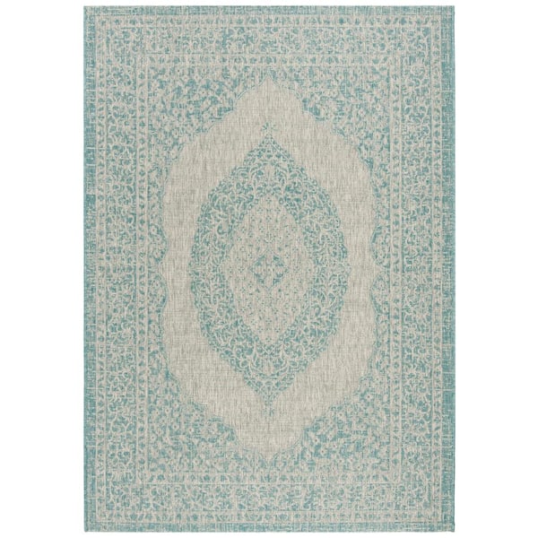 Courtyard Light Gray/Aqua 7 ft. x 10 ft. Border Indoor/Outdoor Patio  Area Rug