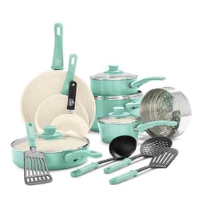 16-Piece Ceramic Kitchen Cookware Pots and Frying Sauce Sauté Pans Set, Turquoise