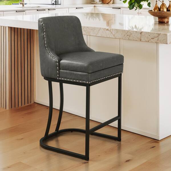 LUE BONA Aurora 26 in. Black Gray Faux Leather Upholstered Counter Height Bar Stool with Metal Frame Double Cushion Bar Stool