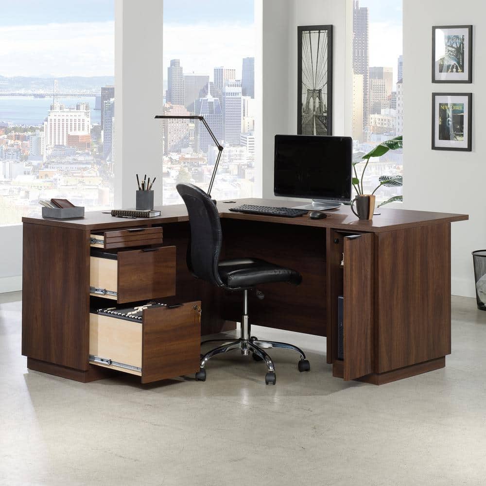 Gray Wood L-Shaped Computer Desk with Drawer and Filing Cabinet