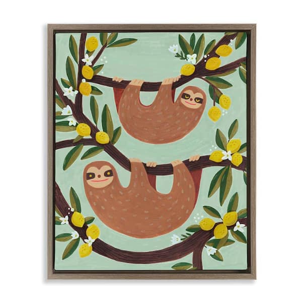Stupell Industries Sloths on Lemon Tree Branches by Irene Chan Brown Floater Frame Animal Graphic Art Print 31 in. x 25 in.