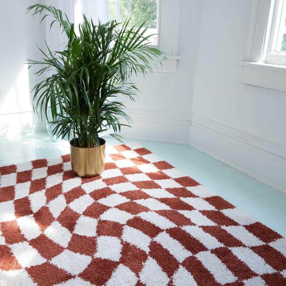 Rust and White Geometric Shag Area Rug for Kids 5'3" x 7'