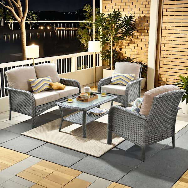 XIZZI Gladiola 4-Piece Wicker Patio Conversation Seating Sofa Set with Beige Cushions