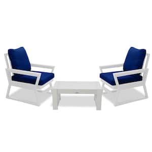 Malibu White 3-Piece Plastic Deep Seating Set with Navy Cushions