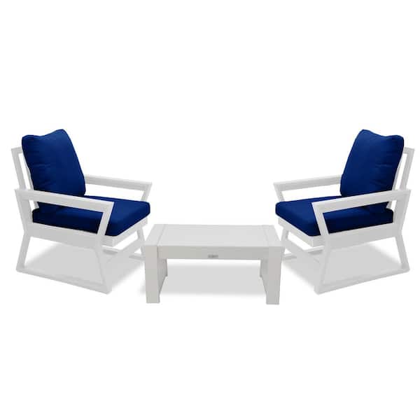 LuXeo Malibu White 3-Piece Plastic Deep Seating Set with Navy Cushions