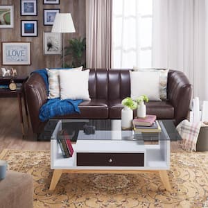 Eleanore 48 in. Espresso/White/Brown Large Rectangle Glass Coffee Table with Drawers
