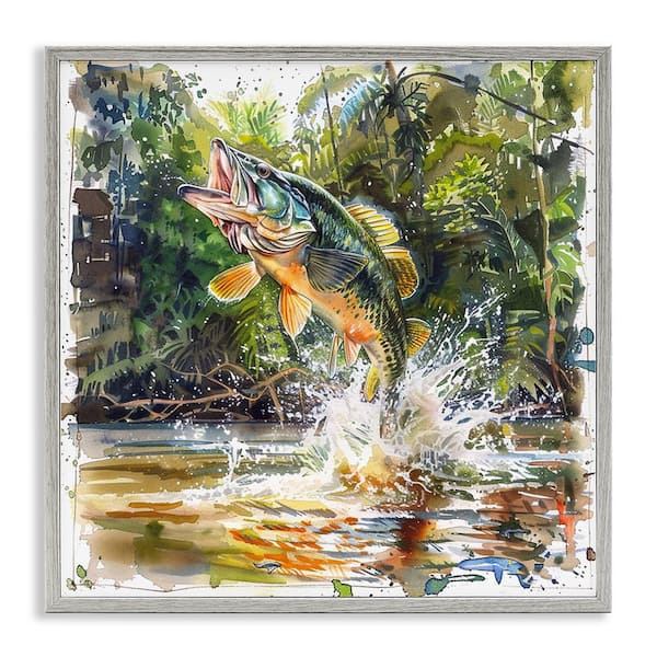Stupell Industries Jumping Bass Fish by LSR Design Studio Gray Framed Animal Giclee Art Print 12 in. x 12 in.