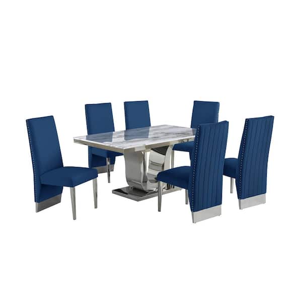 Best Quality Furniture Ada 7-Piece White Marble Top with Stainless Steel Base Table Set with 6-Navy Blue Velvet, Nail Head Trim Chairs