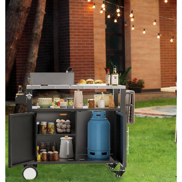 Clorrui Black 2 Doors Outdoor Grill Patio Serving Cart with