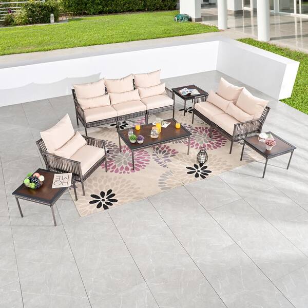 Patio Festival 10-Piece Wicker Outdoor Conversation Set with Beige Cushions