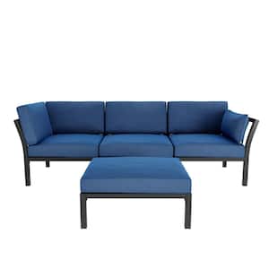4-Piece Metal Patio Conversation Set with Blue Cushions