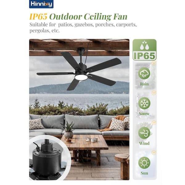52 in. Waterproof Outdoor Black 6-Speed Dimmable Downrod Mount Standard Ceiling Fan with Lights, Remote Control Included