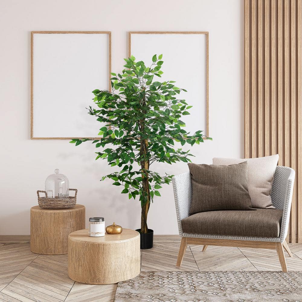 59'' Green Plastic Potted Artificial Ficus Tree for Indoor Outdoor