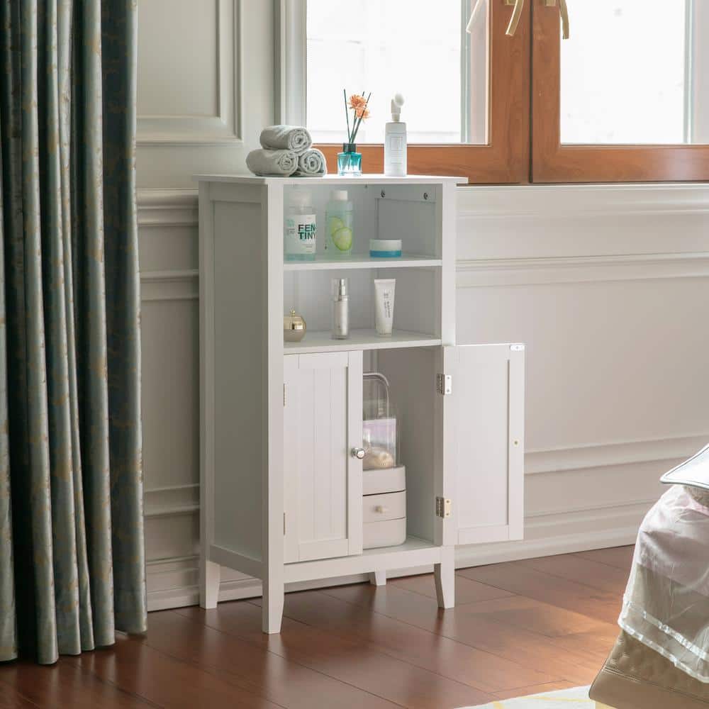 White Wood Freestanding Cabinet with Shutter Doors and Shelves
