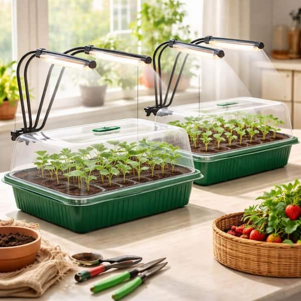 80-Cell Seed Starter Tray Green with Grow Light and Humidity Dome Adjustable Brightness Plant Germination Trays (2-Pack)