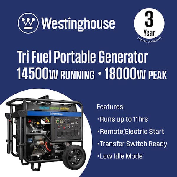 18,000/14,500-Watt Tri-Fuel Gas, Propane, Natural Gas Powered Portable Generator with Remote Electric Start, 50A Outlet