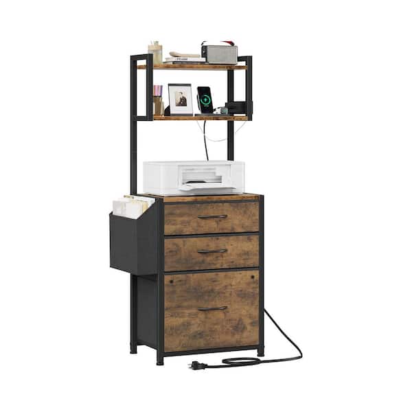 3-Tier 45''H Tall File Cabinet with 3 Drawers Built-in Charging Station 2AC 2USB Storage Shelf Rustic Brown