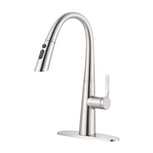 Gooseneck Single Handle Pull Down Sprayer Kitchen Faucet with 3-Function Sprayer and Deckplate in Brushed Nickel