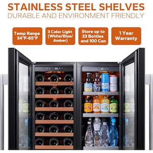 30 in. Dual Zone 33-Wine Bottles 100-Cans Beverage and Wine Cooler Side-by-Side Refrigerators Built-in Fridge in Black