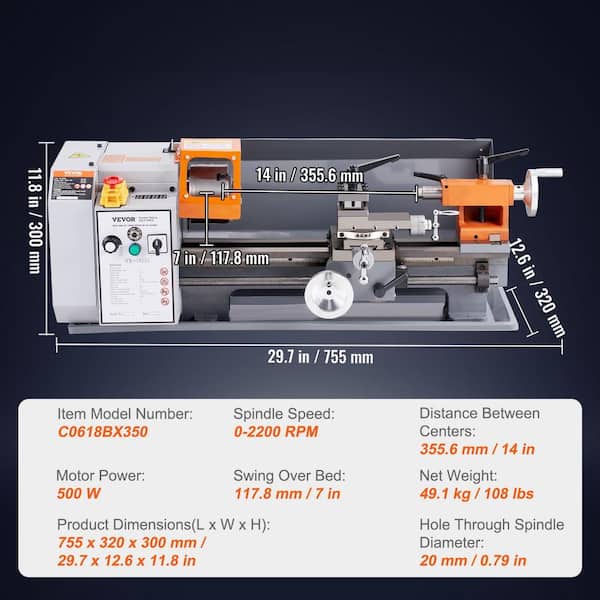 VEVOR Metal Lathe 3.9 in., 7 in. x 13.78 in. Benchtop Lathe 2200