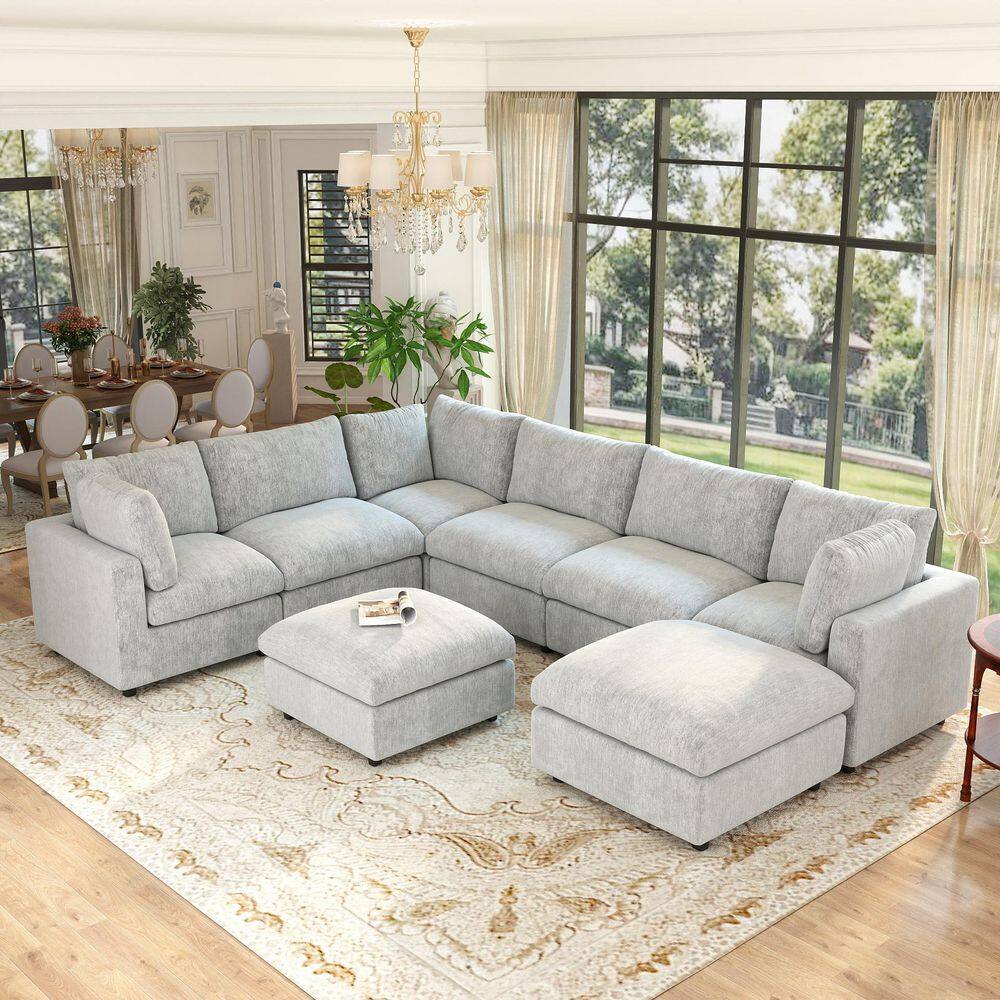 134 in. Wide Square Arm 8-Piece Chenille Modular Free Combination Sofa with Removable Slipcovers and Ottoman in Gray price history on PriceWatchPro