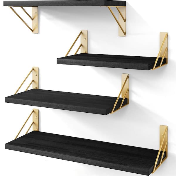Unbranded 16.5 in. W x 5.5 in. D Black Gold Rustic Wood Decorative Wall Shelf Set of 4