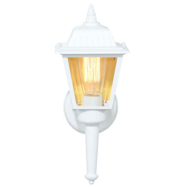 Hampton Bay 13.75 in. White 1-Light Outdoor Wall Lamp with Clear Beveled Glass Shade
