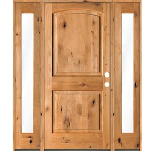 60 in. x 80 in. Rustic Knotty Alder Arch clear stain Wood Left Hand Inswing Single Prehung Front Door/Full Sidelites