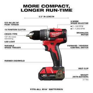 M18 18V Lithium-Ion Brushless Cordless 1/2 in. Compact Drill/Driver Kit with LED Site Light & (2) 3.0Ah Batteries