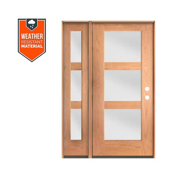Krosswood Doors BRIGHTON Modern 50 in. x 79 in. 3-Lite Left-Hand/Inswing Satin Etched Glass Teak Stain Fiberglass Prehung Front Door