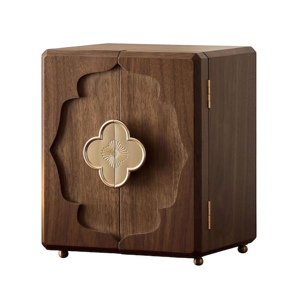 Exquisite Walnut Color MDF with Walnut Veneer Double-door with Brass Handles 5-Tiered Jewelry Box
