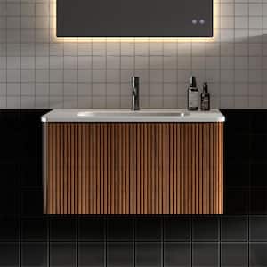 30 Striped Walnut Wall Mounted Floating Bathroom Vanity with White Ceramic Top, Sink, Basin without Drain and Faucet