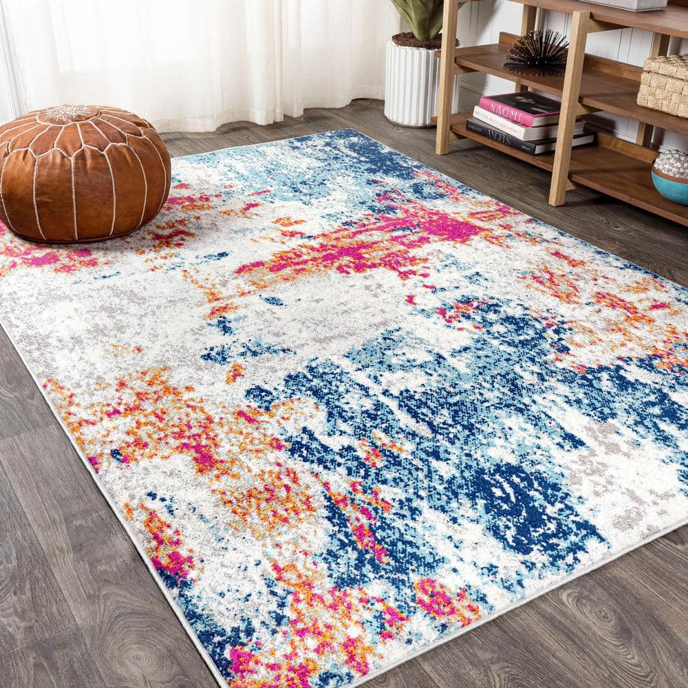 Sunset Modern Abstract Blue and Multicolor Synthetic 8' x 10' Area Rug