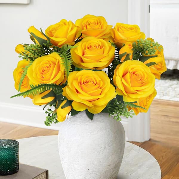 LIVING LUXURY 18 in. Yellow Artificial Rose Flower Stem Bush Bouquet (Set of 2)