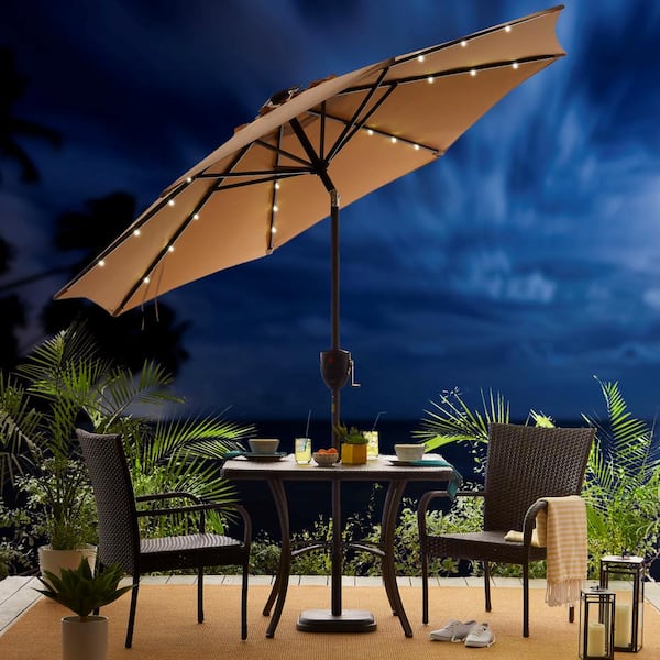 9 ft. Bluetooth Speaker Solar Lighted Market Patio Umbrella in Taupe