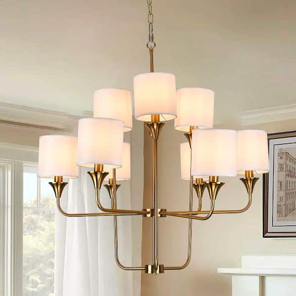 Modern 9-Light Gold Branch Chandelier with White Fabric Shade for Kitchen Island