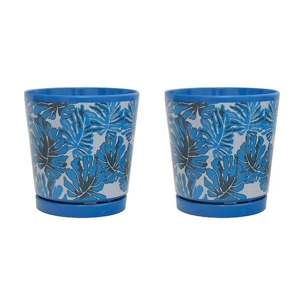 MPG 8.75 in. Dia Blue Leaf Pattern Melamine Pot with In-Line Saucer (2-Pack)
