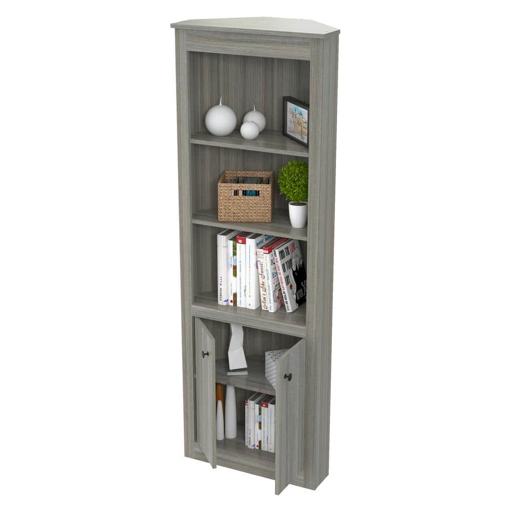 Smoke Oak 76'' Corner Bookshelf with Concealed Storage