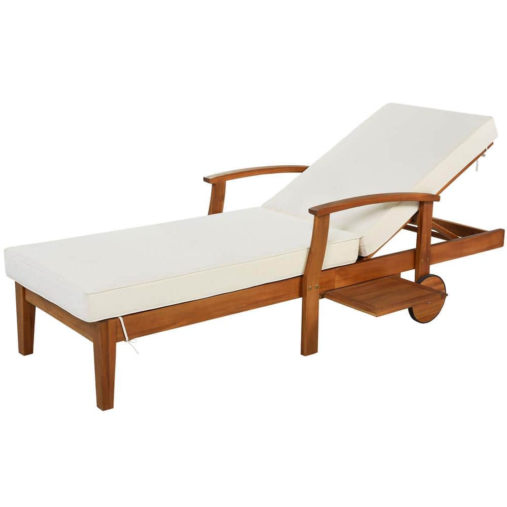 Wood Outdoor Chaise Lounge with Beige Cushion Wheels and Sliding Cup Table 