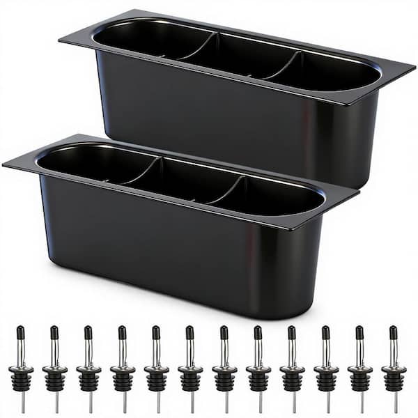 2-Pack Bar Bottle Holder for Ice Bins with 12 Stainless Steel Bottle Pourers 3-Compartment Plastic Set