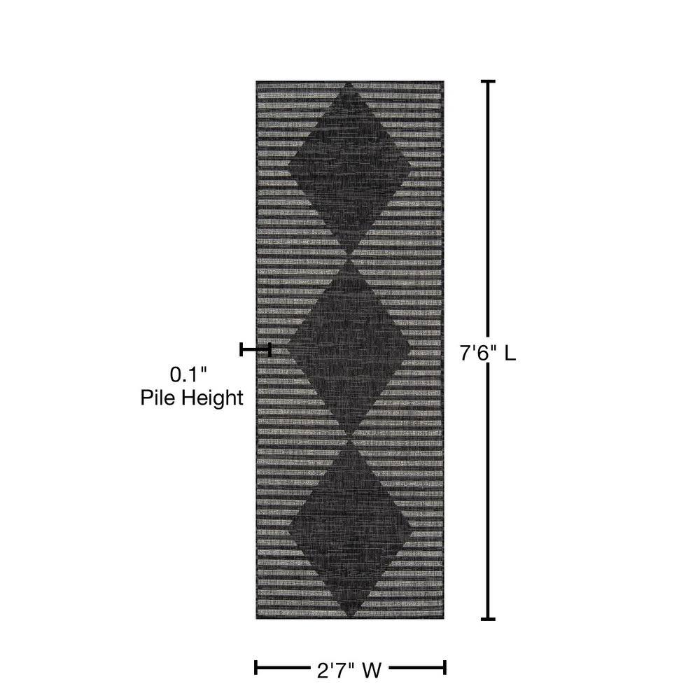Charcoal Geometric Easy-Care Synthetic Indoor/Outdoor Runner Rug