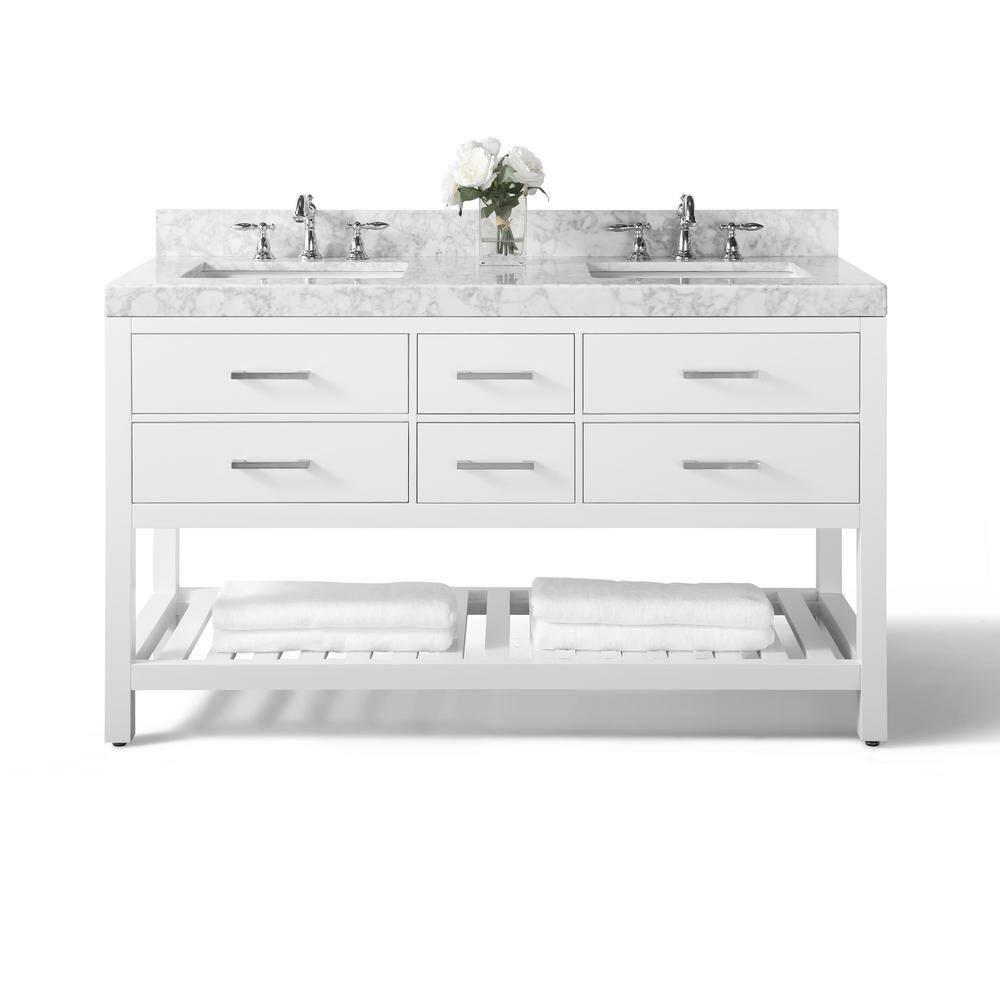 Elizabeth 60" White Wood Bathroom Vanity Set with Marble Top